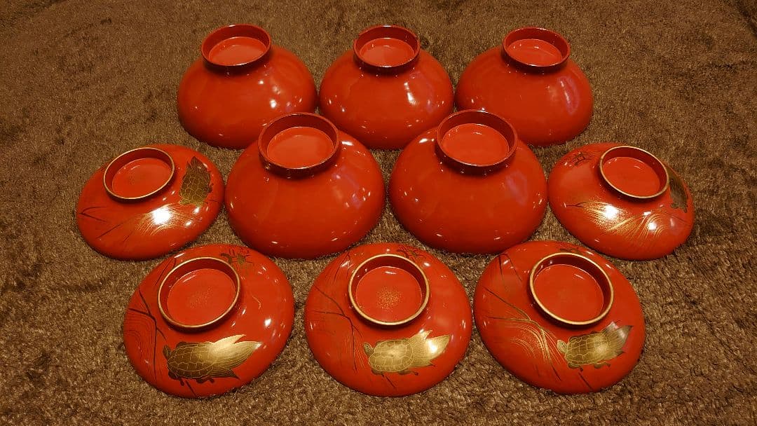 輪島塗　漆器　金蒔絵　蒔絵　蓋椀　亀の図　人間国宝　５客