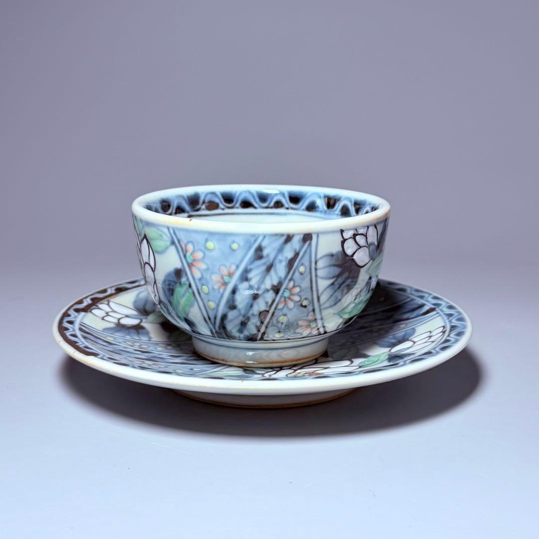 五代　佐藤走波　七十五才　染錦木蓮文カップ＆ソーサー　コレクター放出品