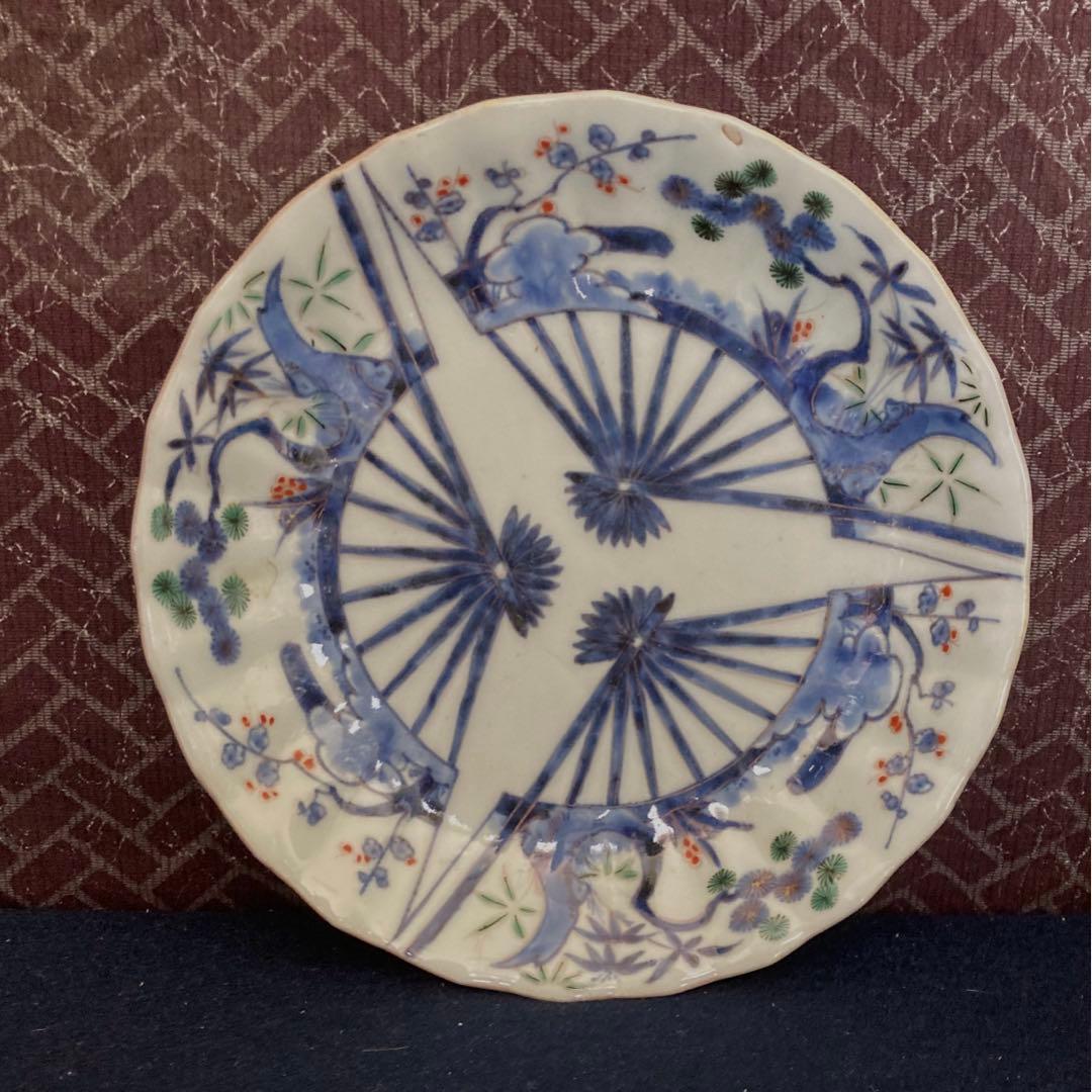 大明成化年製　三扇松竹梅門皿　七寸