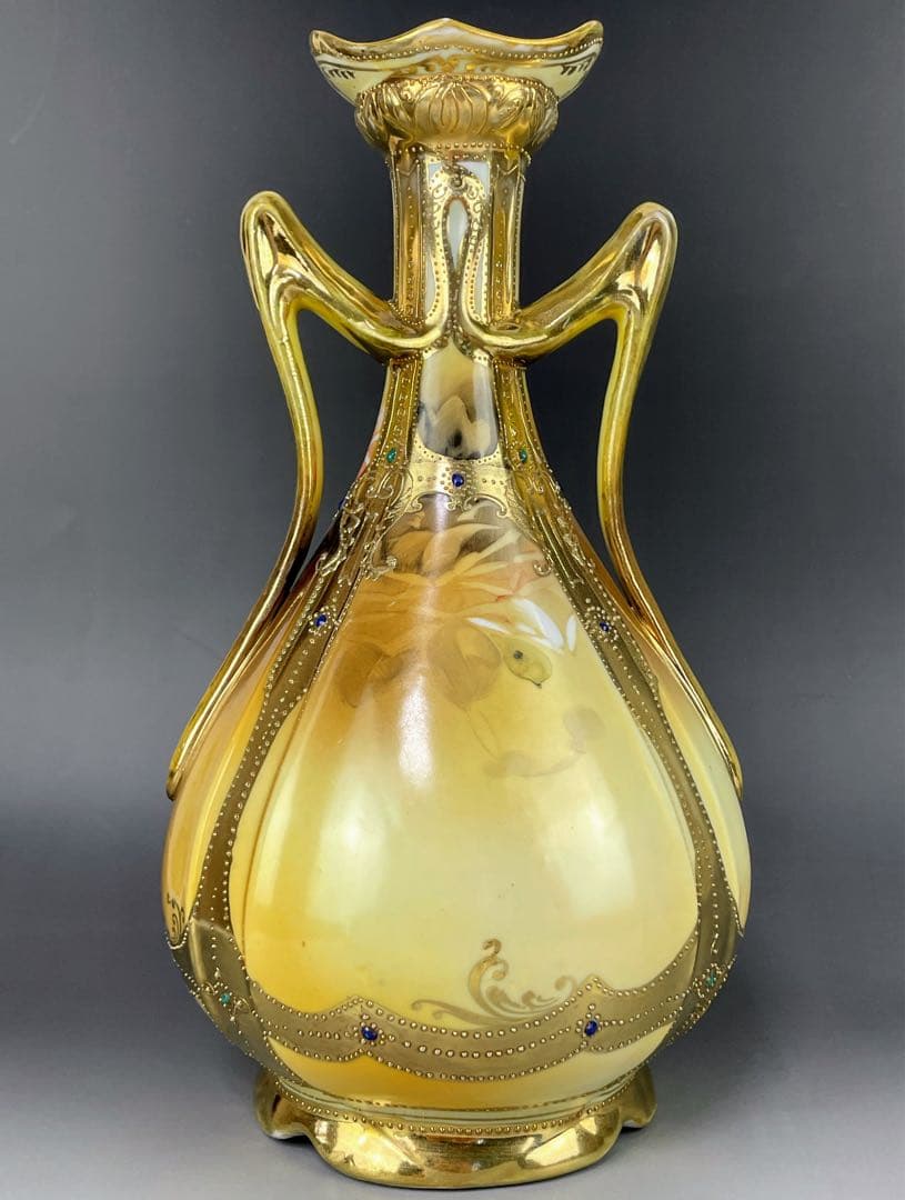 【大型】オールドノリタケ ３０cm アールヌーボー 薔薇紋 ジュエル金盛り 花瓶