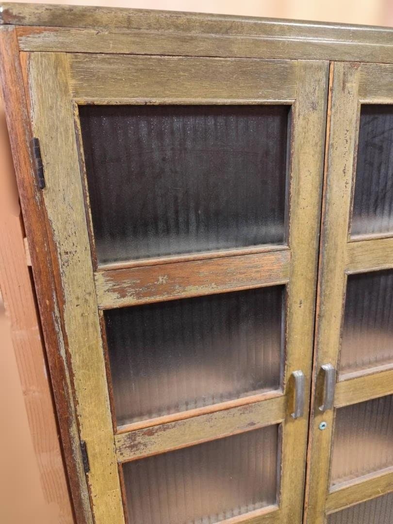 訳あり 昭和レトロ キャビネット モールガラス 収納棚 本棚 修復あり