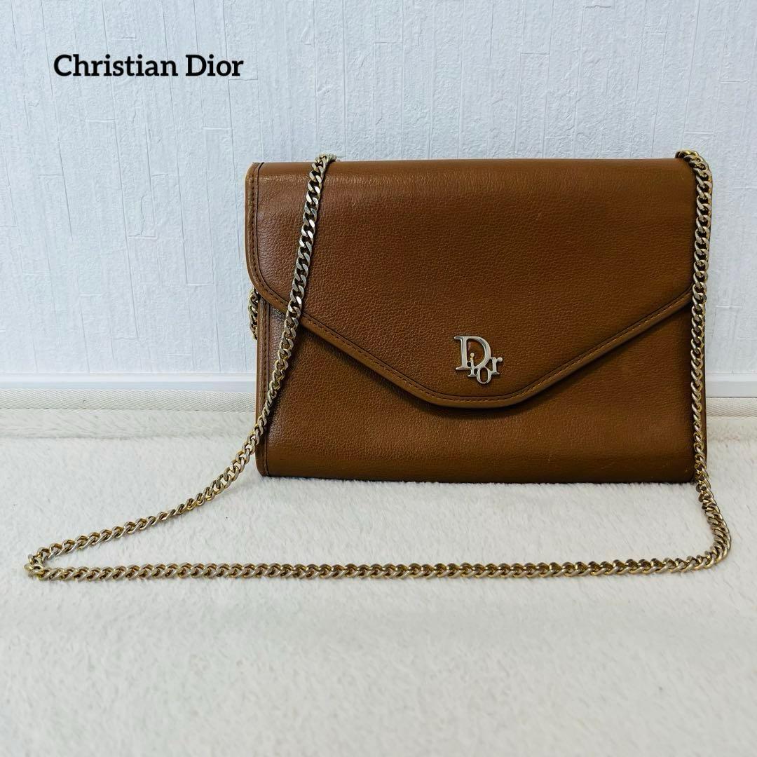 クリスチャンディオール ロゴチェーンショルダーバッグ シボ革 ブラウン 2way
