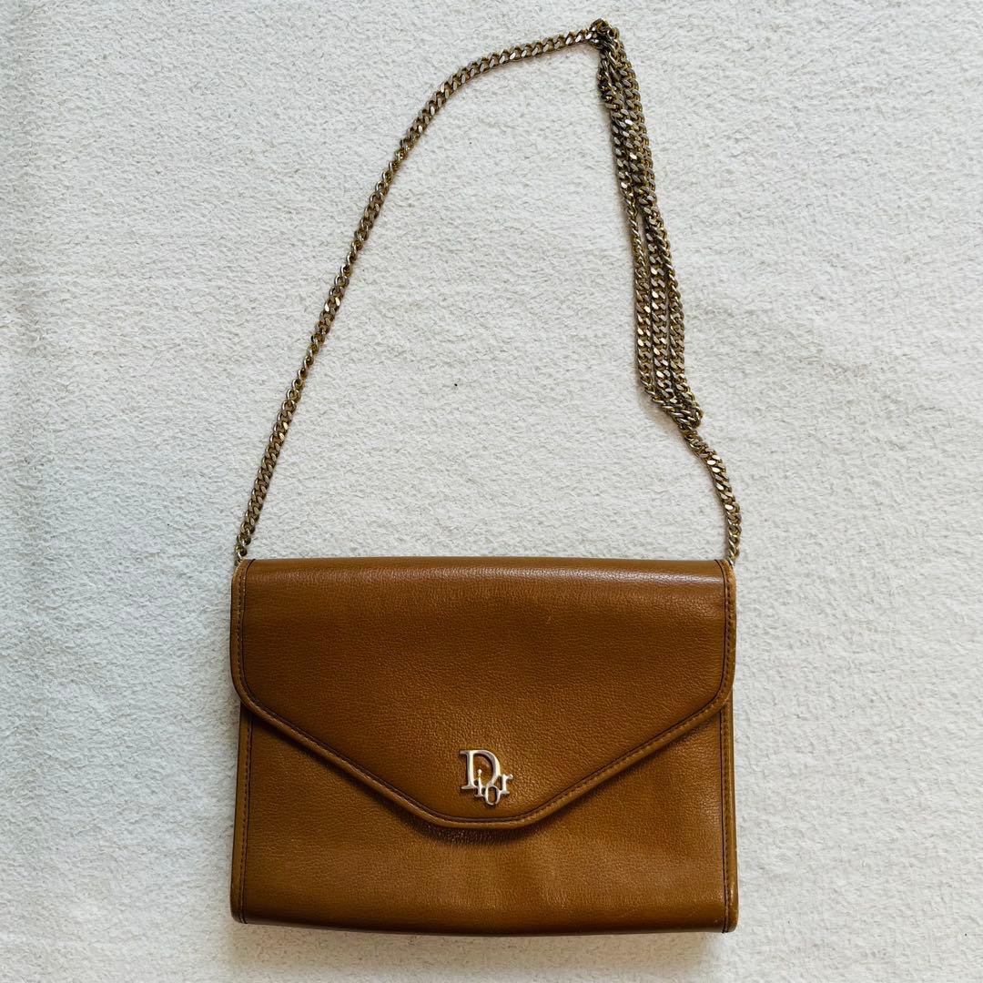 クリスチャンディオール ロゴチェーンショルダーバッグ シボ革 ブラウン 2way