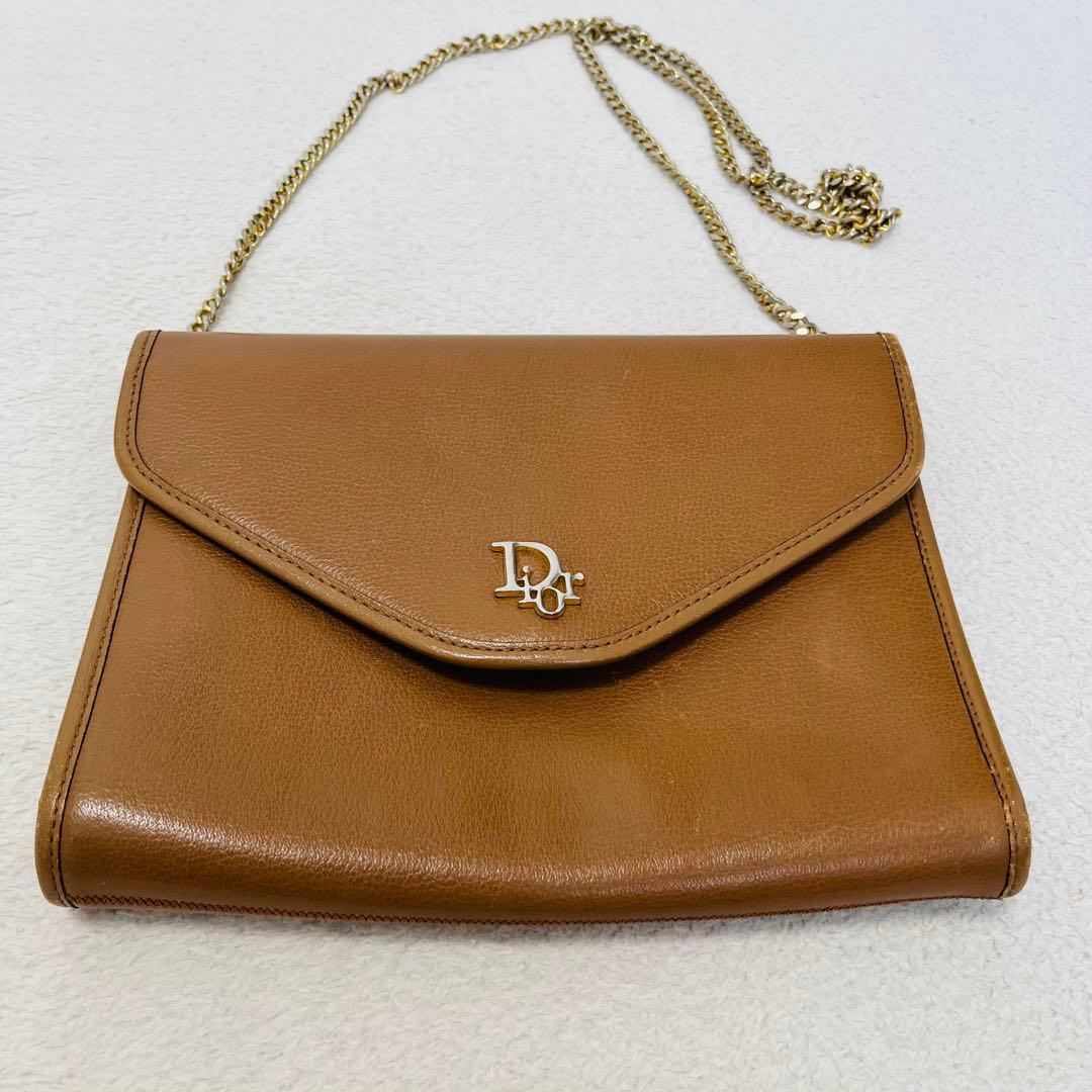 クリスチャンディオール ロゴチェーンショルダーバッグ シボ革 ブラウン 2way