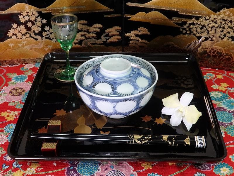 古伊万里　染付　雪輪紋の図　蓋茶碗　E857AS-fbpz