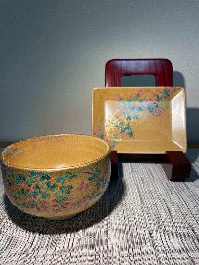 134桑野むつ子 京都 御所の花十二ヶ月【10月萩の花】抹茶椀・和陶皿 しおり付