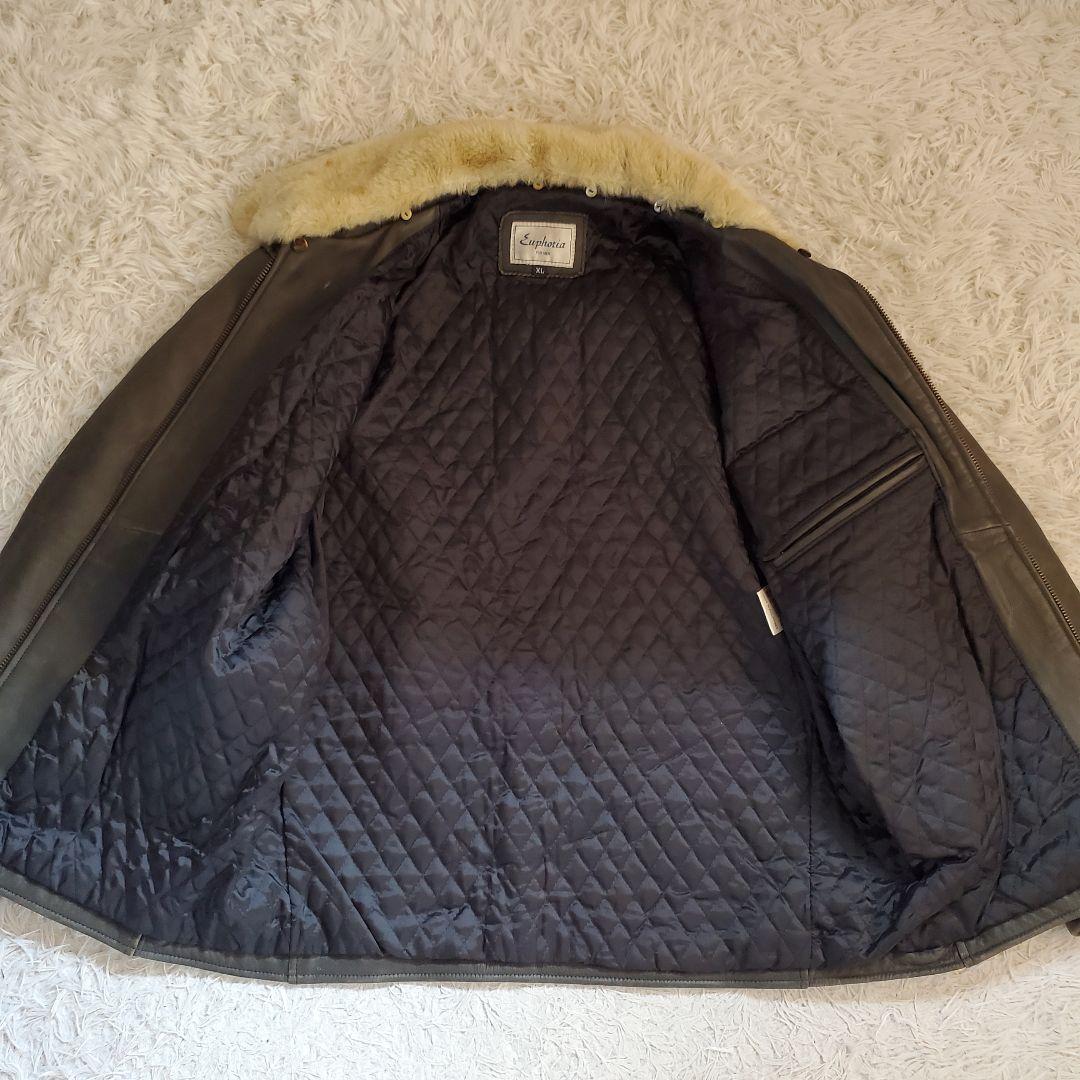 ファー付 レザージャケット 本革ライダース 裏地キルティング XL