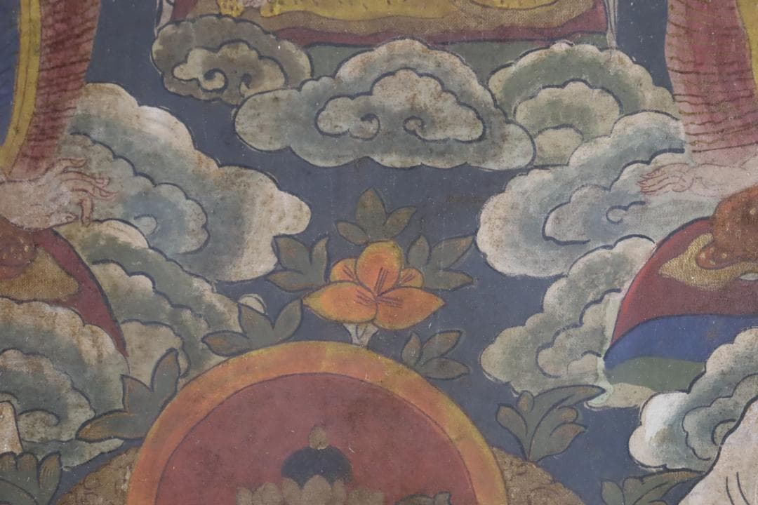 仏教美術 チベットタンカ 四臂観音像 絹本彩色 肉筆 仏画 タンカ 額装