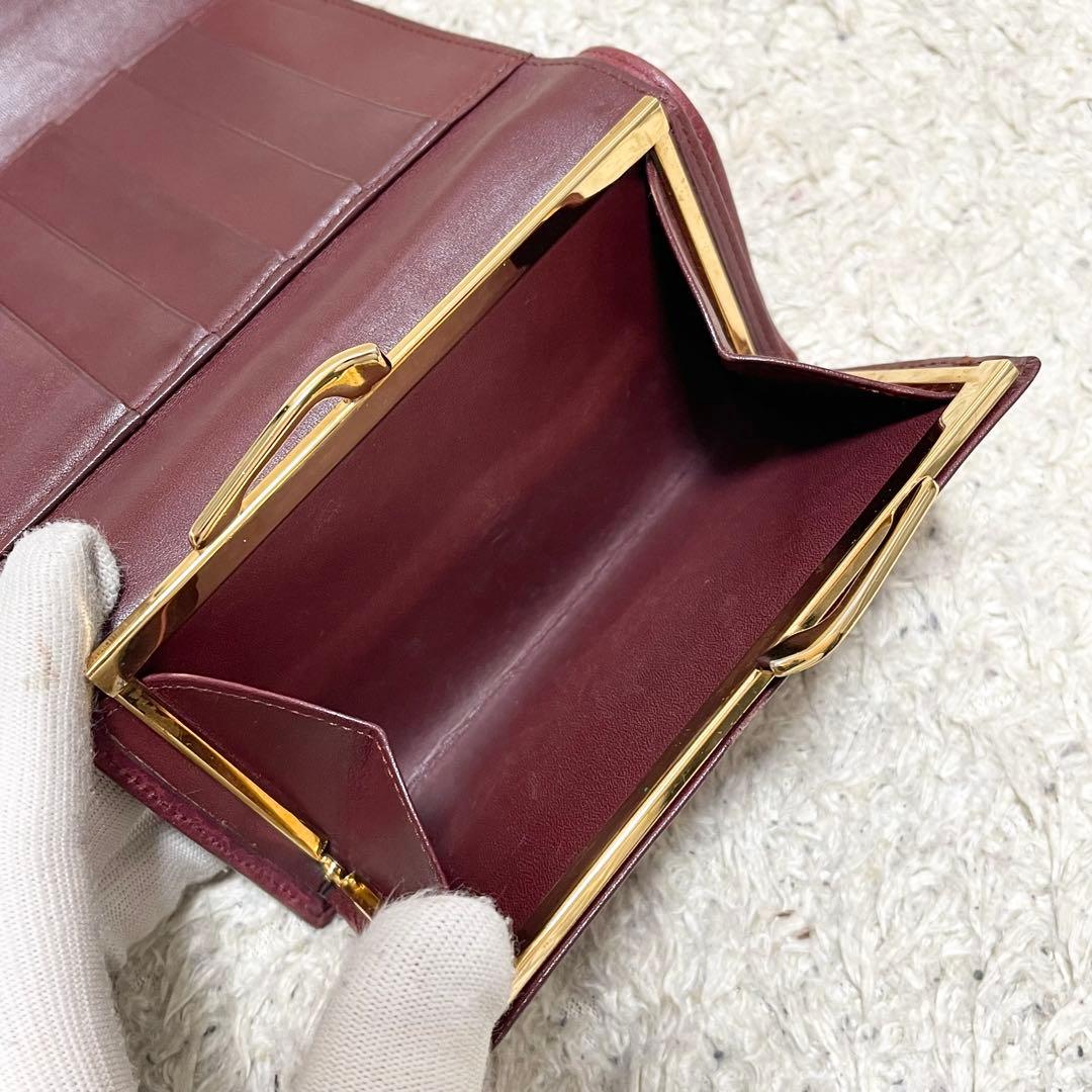 【良品】カルティエ　三つ折り財布　がま口　レザー　ボルドー　ゴールド金具