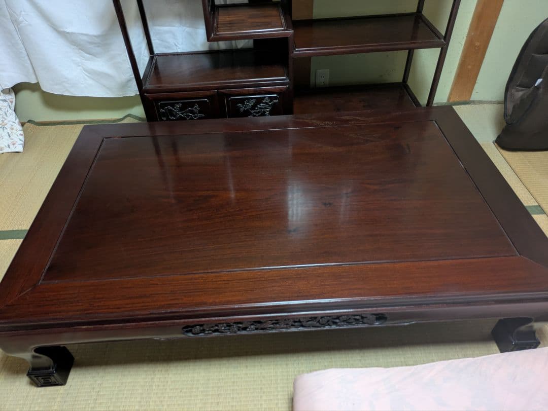 【引き取り専用】木製ダークブラウン座卓 彫刻脚付き