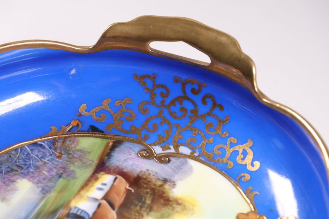 【CM310】オールドノリタケ 風景 白鳥 三足鉢 皿 湖畔 金盛 青 明治