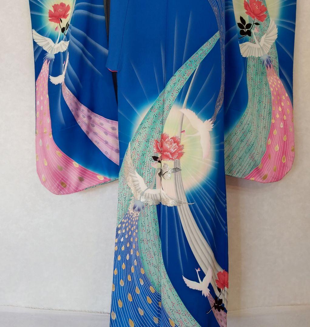 ポケカ 美品 ブルー系振袖 8点フルセット 正絹★青 バラ 鳳凰 ※ラメ