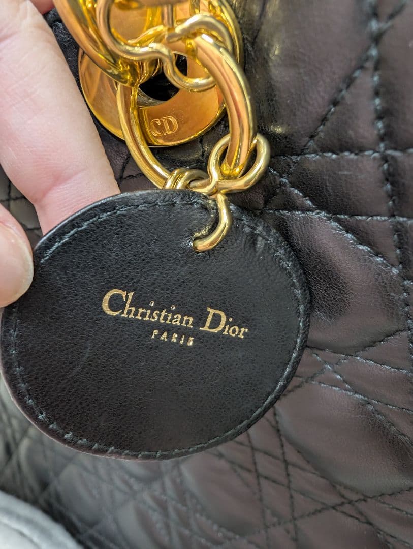 美品 ディオール レディディオール カナージュ レザー ハンドバッグ 黒