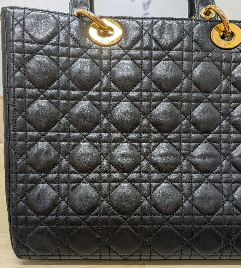 美品 ディオール レディディオール カナージュ レザー ハンドバッグ 黒