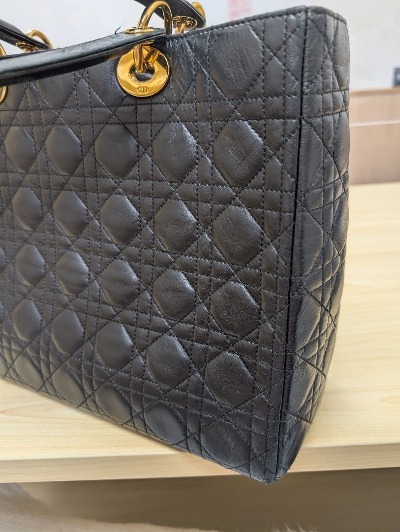 美品 ディオール レディディオール カナージュ レザー ハンドバッグ 黒