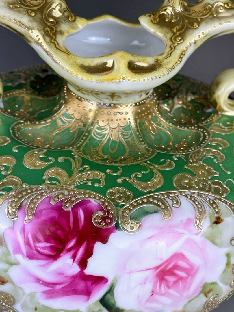 【美品】オールドノリタケ ジュエル 翠地金盛り蝶 薔薇紋花瓶 ジュール エナメル