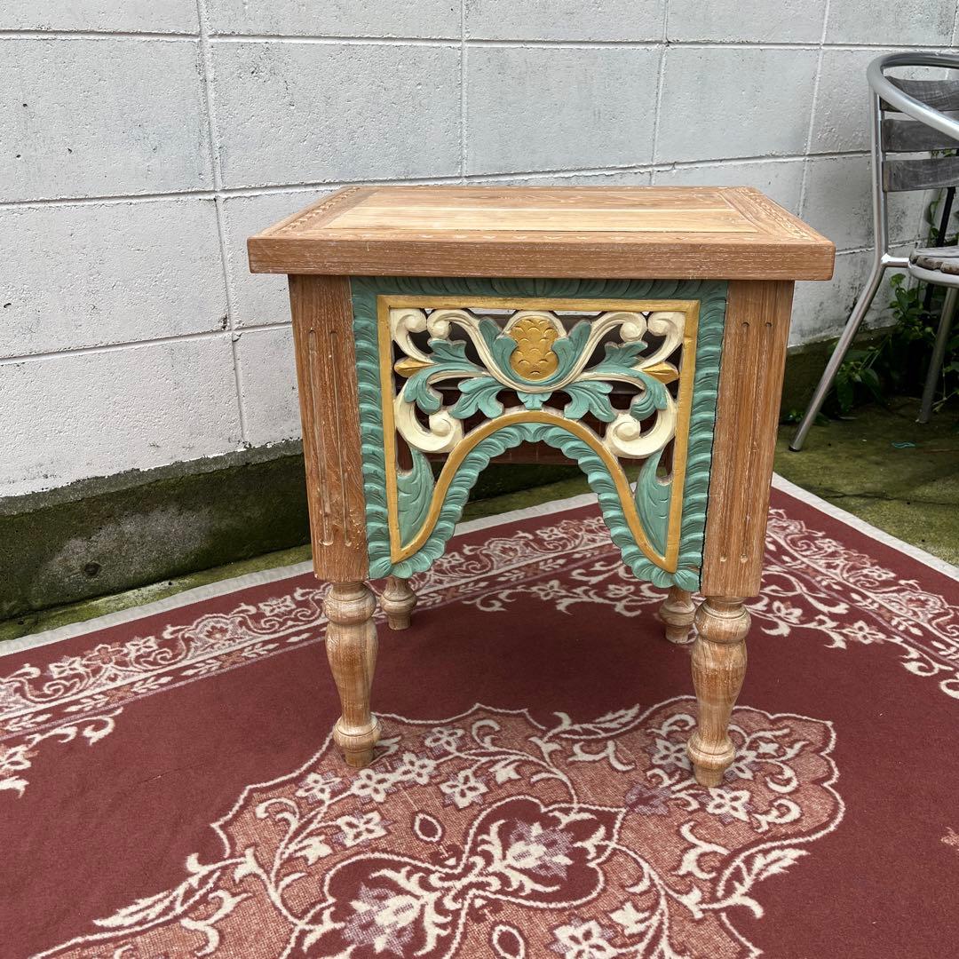 木製無垢材 チーク材◾️彫刻デザイン サイドテーブル 飾り台 花台 ディスプレイ台