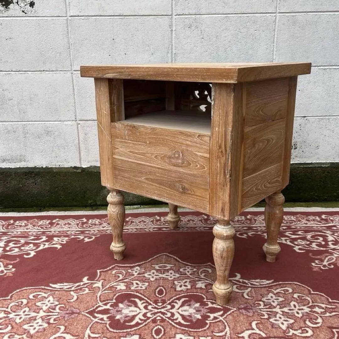 木製無垢材 チーク材◾️彫刻デザイン サイドテーブル 飾り台 花台 ディスプレイ台