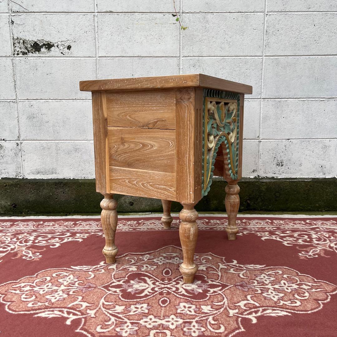 木製無垢材 チーク材◾️彫刻デザイン サイドテーブル 飾り台 花台 ディスプレイ台