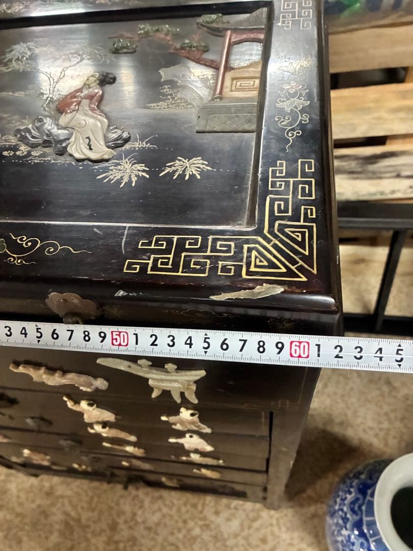中国箪笥 黒漆 玉石細工 唐子 女官 花鳥図 中国美術 中国古玩 アンティーク