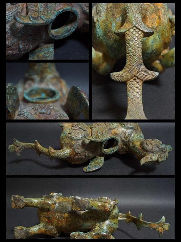 大型青銅製金工細工 戦国『鳳凰双翼獣 燭台像』迫力あるオブジェ瑞獣灯台高39ｃｍ