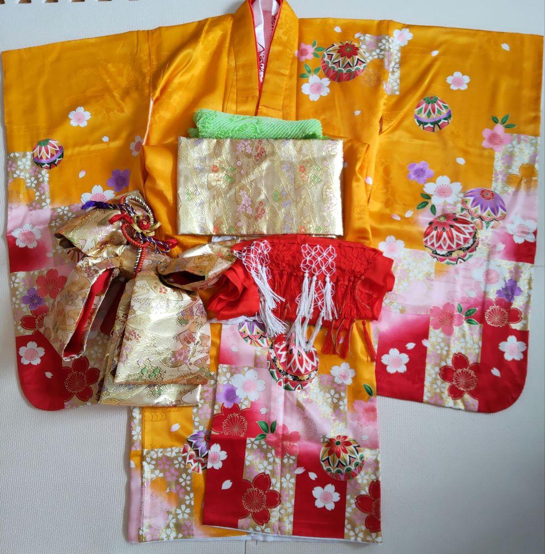 七五三　7歳女の子　黄•赤色着物　作り帯　その他フルセット