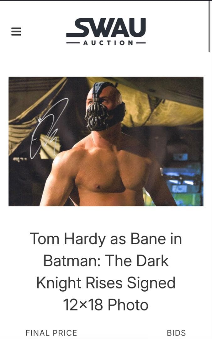 俳優トム・ハーディ氏直筆サイン入りポートレート:バットマンダークナイトライジング