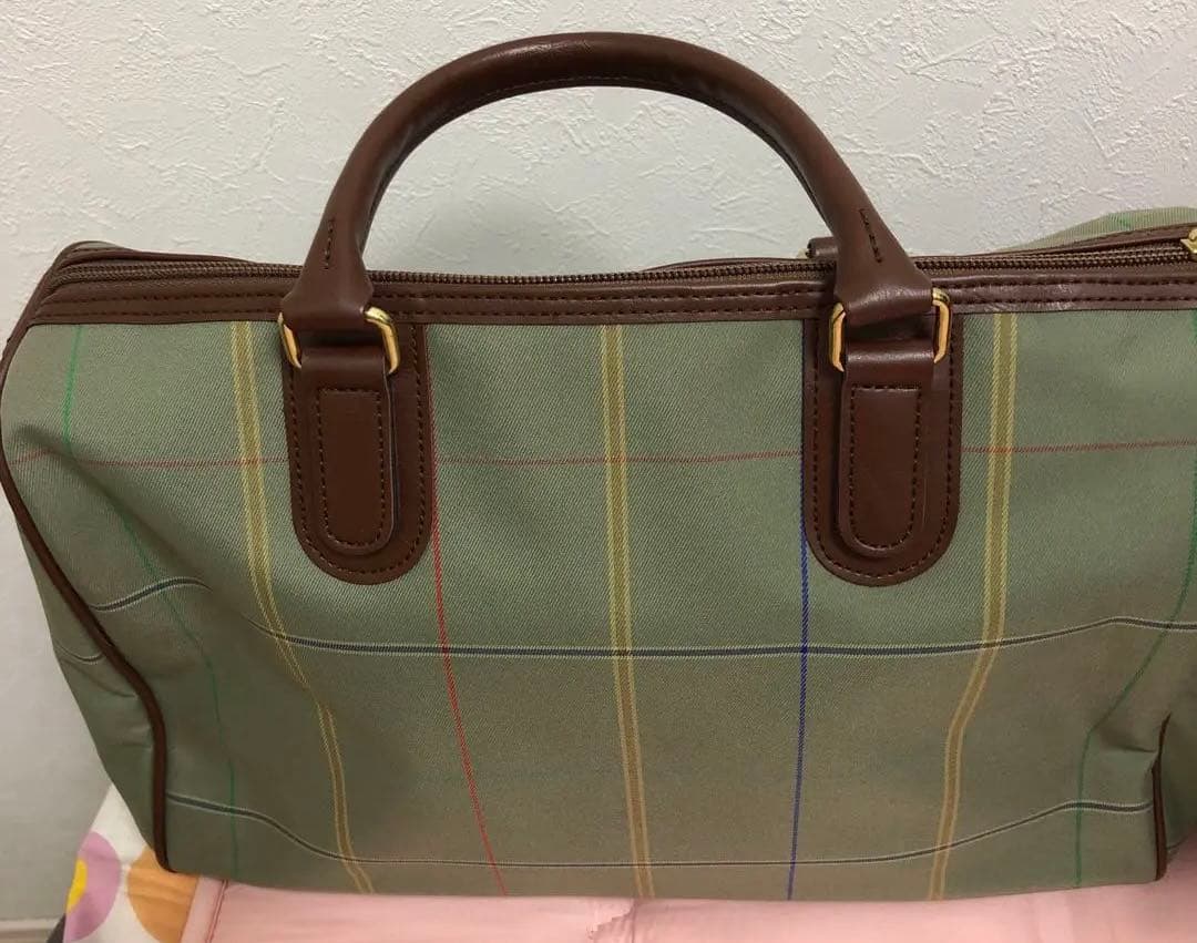 昭和　ボストンバッグ 緑色と茶色のチェック柄