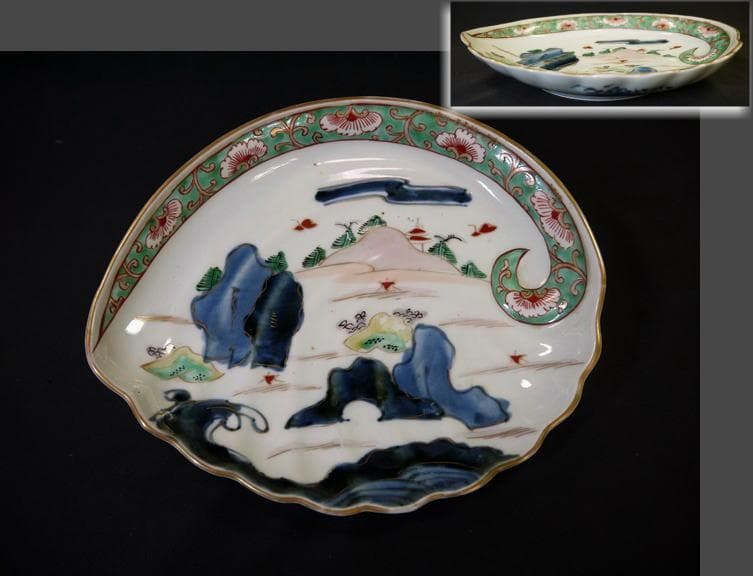 古伊万里　鮑形色絵皿　荒波太古石舟遠山楼閣山水文　のどかな情景　横22cm