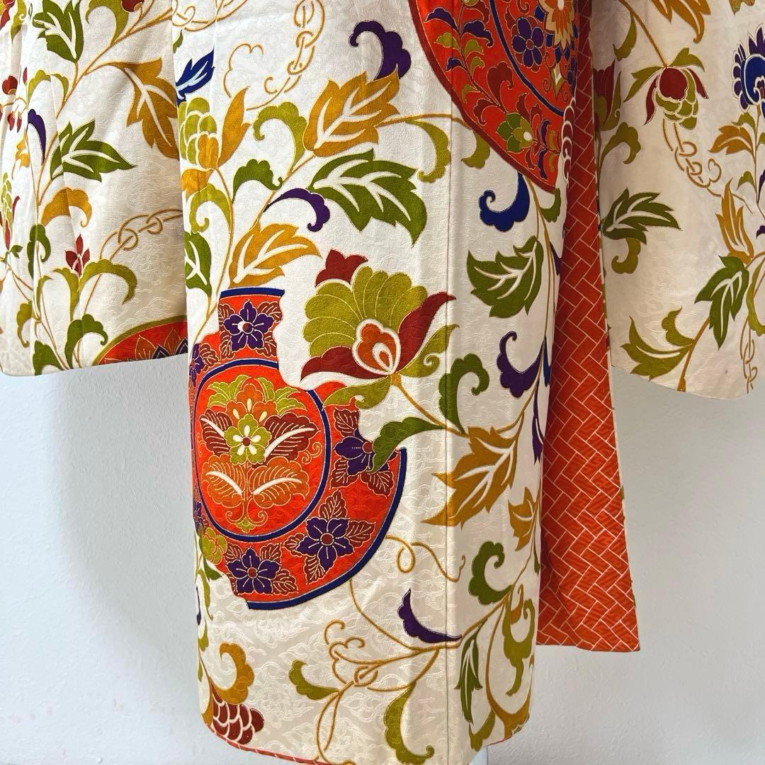 363 振袖フルセット 正絹 ベージュ オレンジ 金彩 駒刺繍 レトロ 花唐草