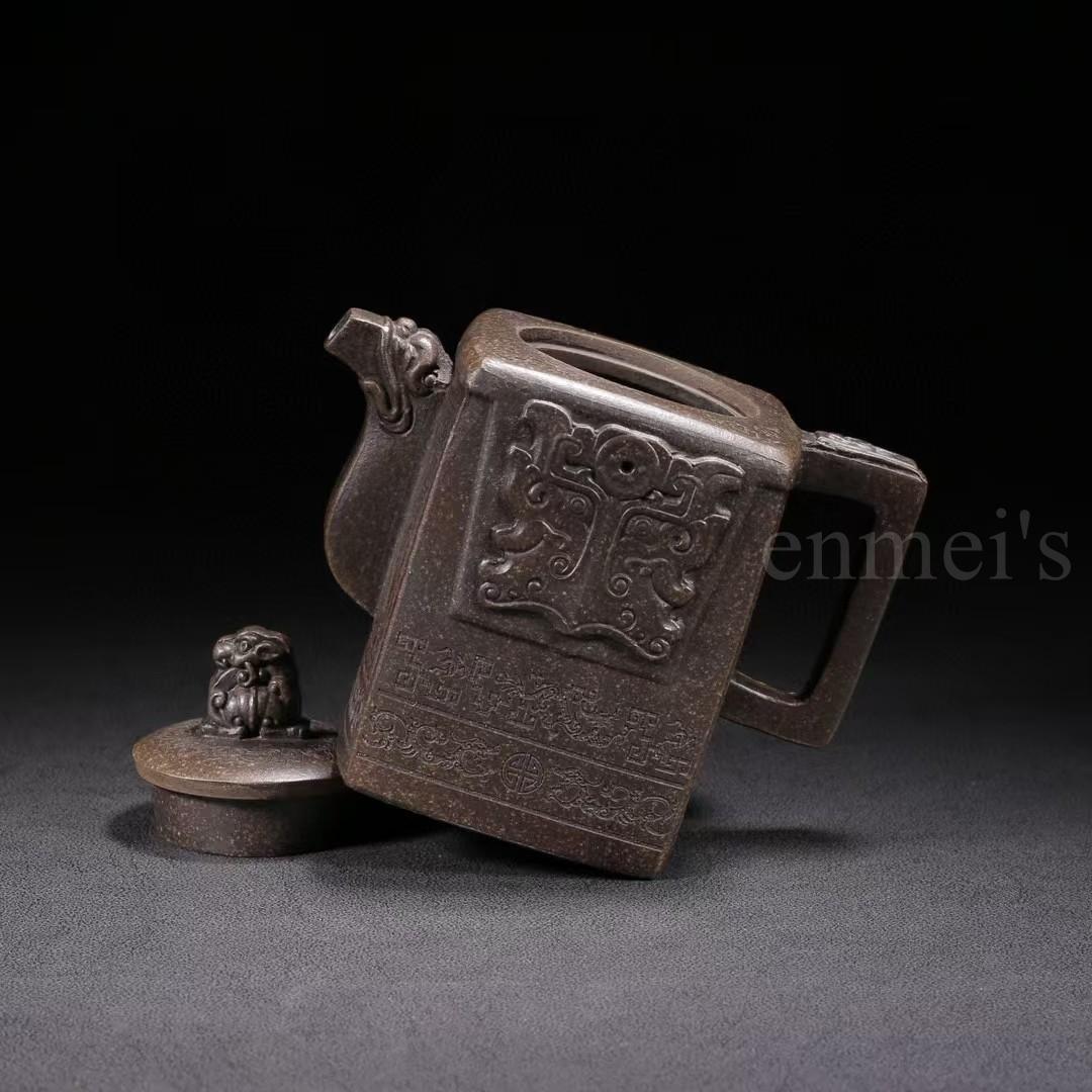 中国古美術・原鉱古銅泥四方獅頂紫砂壺・底款：顧景舟・紫砂壺・急須・茶道具・置物