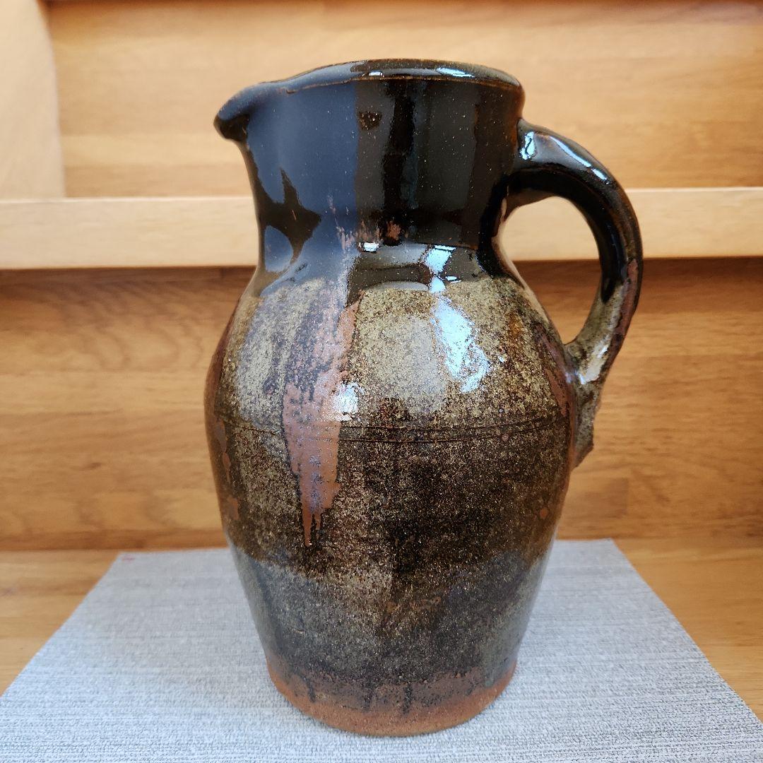 益子焼　村田元　柿黒釉 把手壺　木製箱付き 花器、ピッチャー