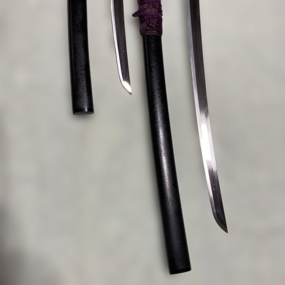 高級模造刀大小２本(刀袋付) 青柄 鶴羽透し丸鍔 黒梨地鞘