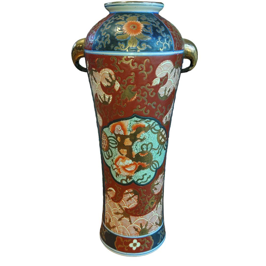 金彩草花文双耳花瓶　高さ36.5cm