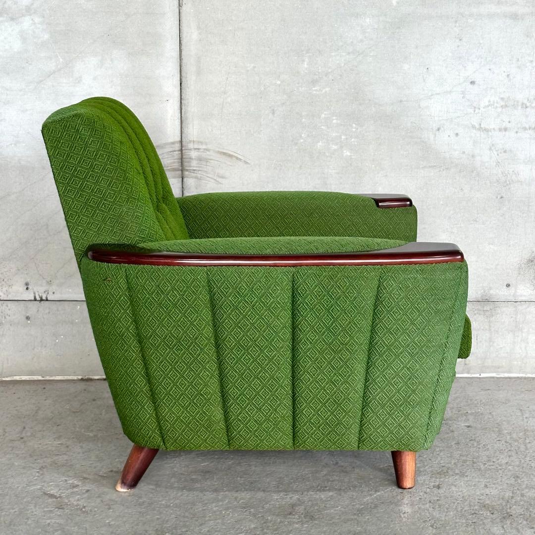 ✦70S✦ 昭和モダン 深緑ファブリック 木肘一人掛けチェア レトロ インテリア