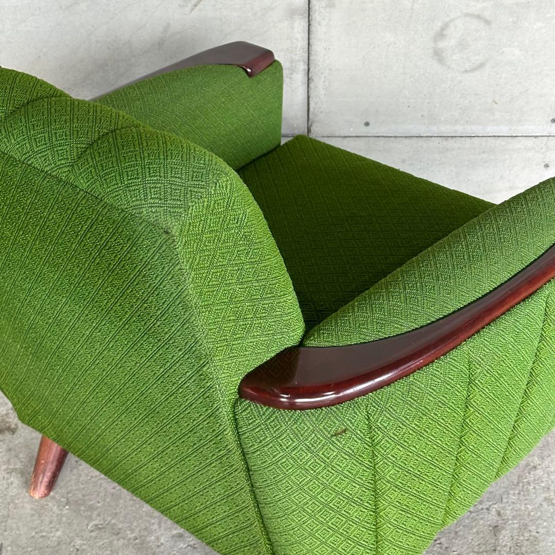 ✦70S✦ 昭和モダン 深緑ファブリック 木肘一人掛けチェア レトロ インテリア