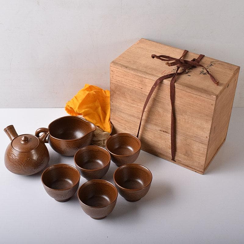 佐渡無名異焼　藤井波山造　朱泥　茶碗五客　急須　湯冷　茶器揃　共箱　VR8436