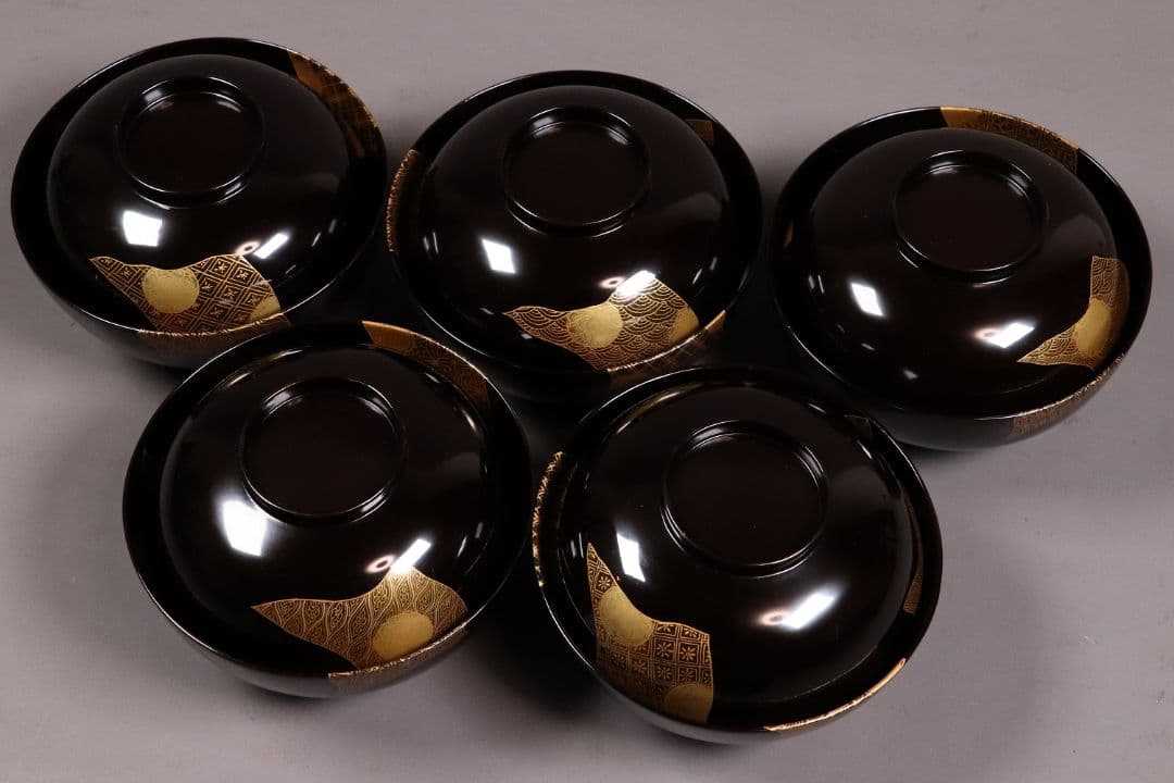 天然木漆塗 小紋伝統柄 蒔絵椀 五客 木箱入 黒塗 木製漆器 汁椀【CL65】