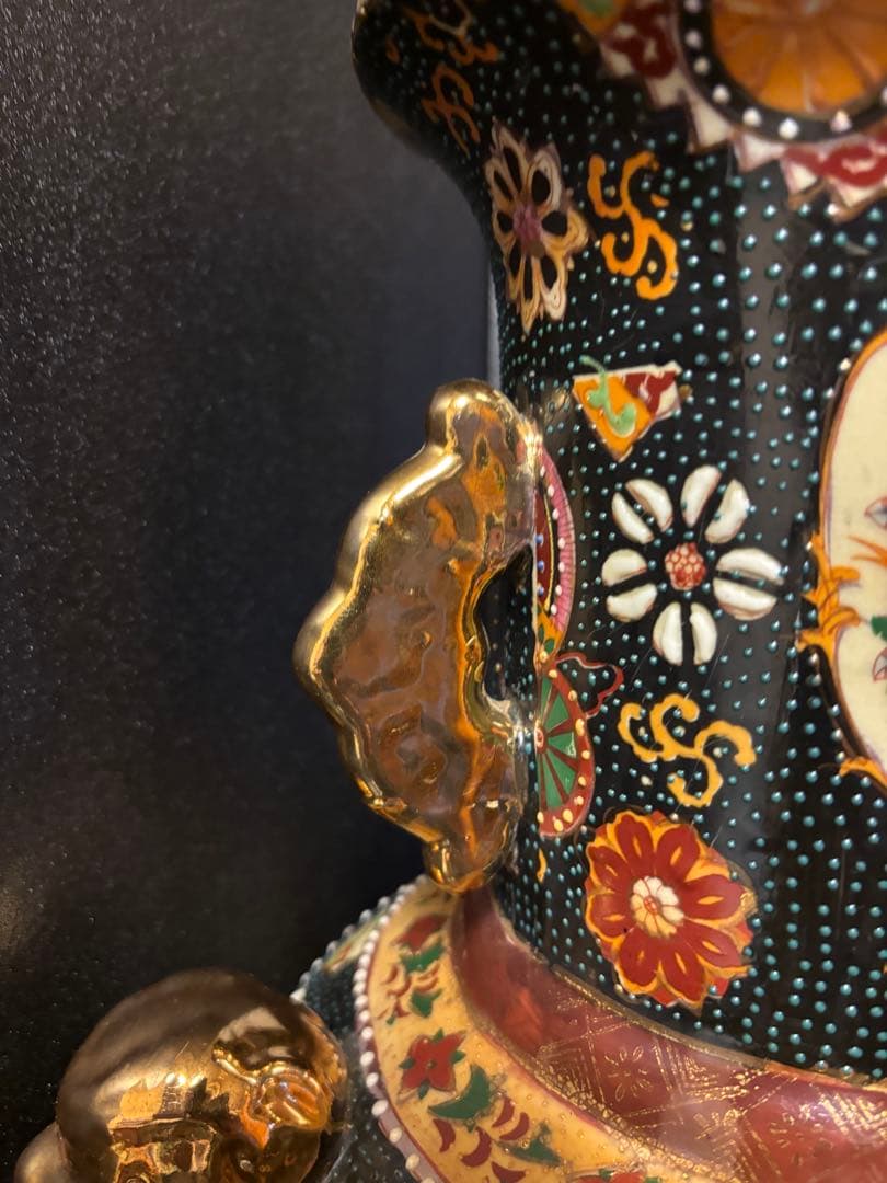 薩摩焼 大壺 着物美人画 騎馬武将 金彩色絵 青粒花瓶