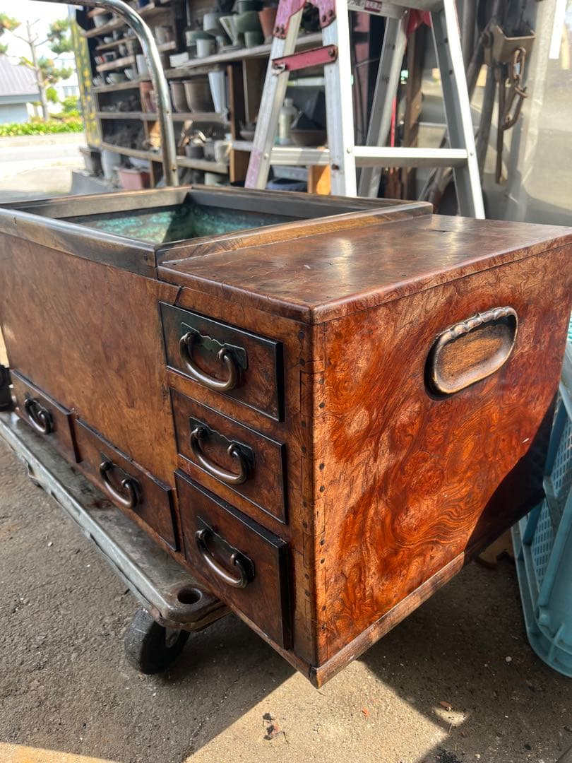 長火鉢、ケヤキ玉杢火鉢、ケヤキ長火鉢、 玉杢、火鉢、囲炉裏、