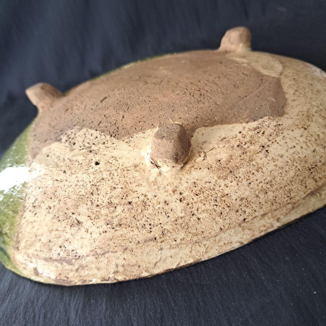 「織部(おりべ)焼 鮑(あわび)皿の用と美」緑釉皿(幅23cm) 骨董アンティー