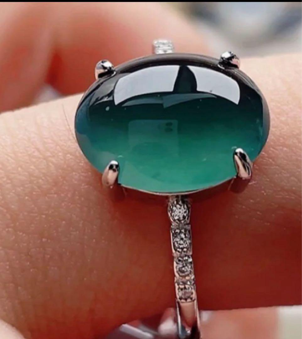 無処理天然本翡翠，S 925オーバルカットヒスイリング淡い湖水色 鑑定書付き￼