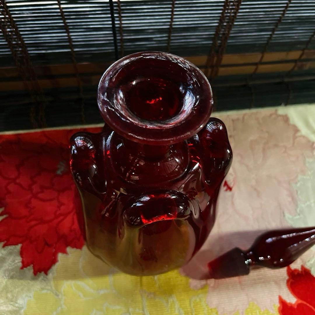 骨董　時代ガラス　銅赤被せガラス　古作　水差し　デカンタ カラフェ