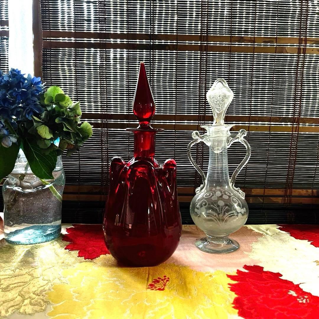 骨董　時代ガラス　銅赤被せガラス　古作　水差し　デカンタ カラフェ