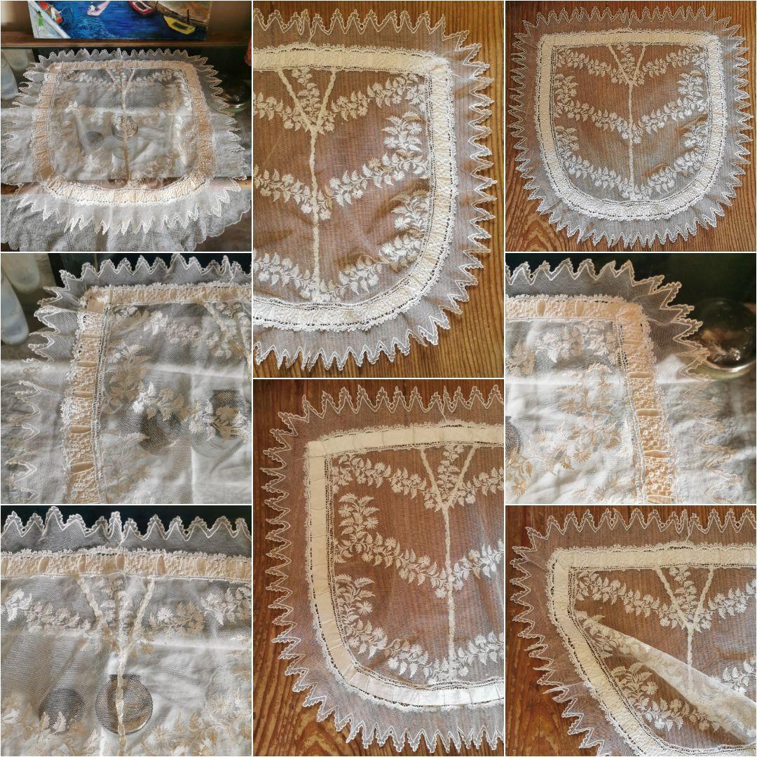 追加画像✵アンティークフランス シルクリボン＆スカラップレース 花刺繍ドイリー