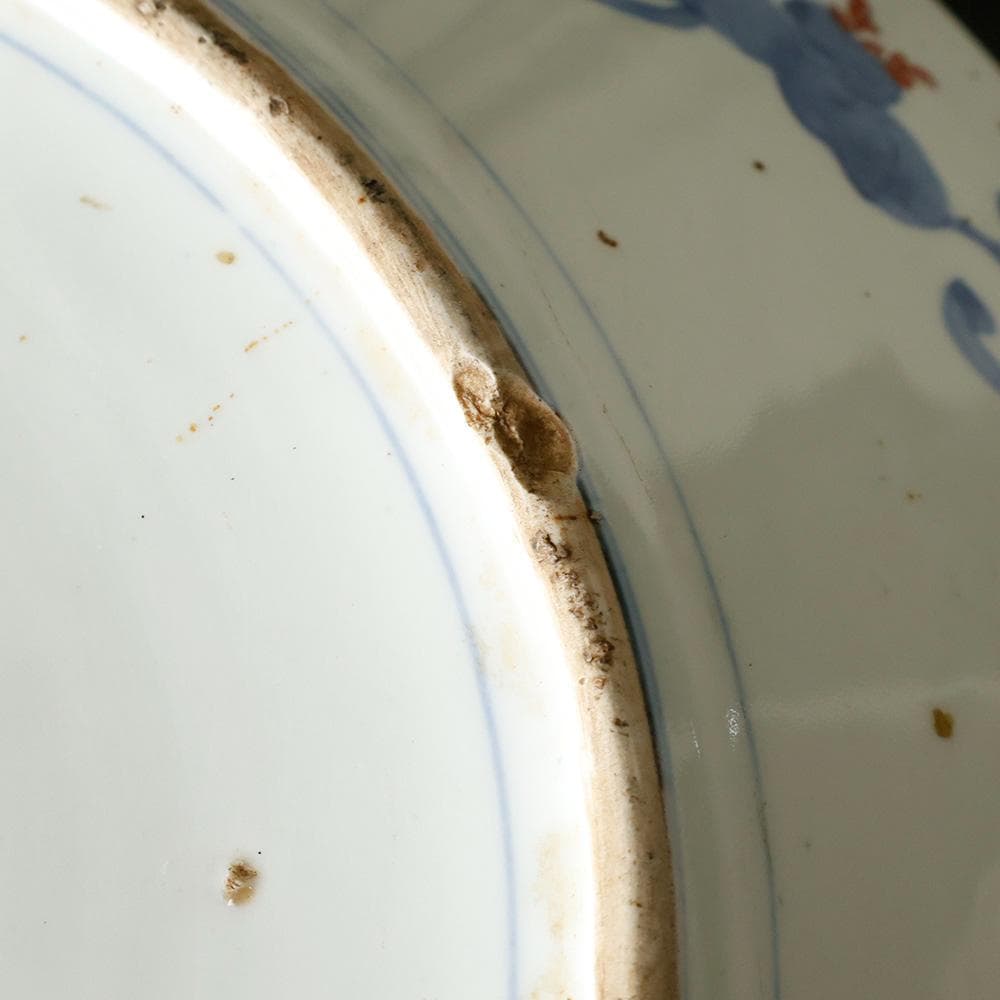 時代物 古伊万里 染錦手 見込に花 竹 松下賢人図 色絵 尺寸大皿 直径40㎝