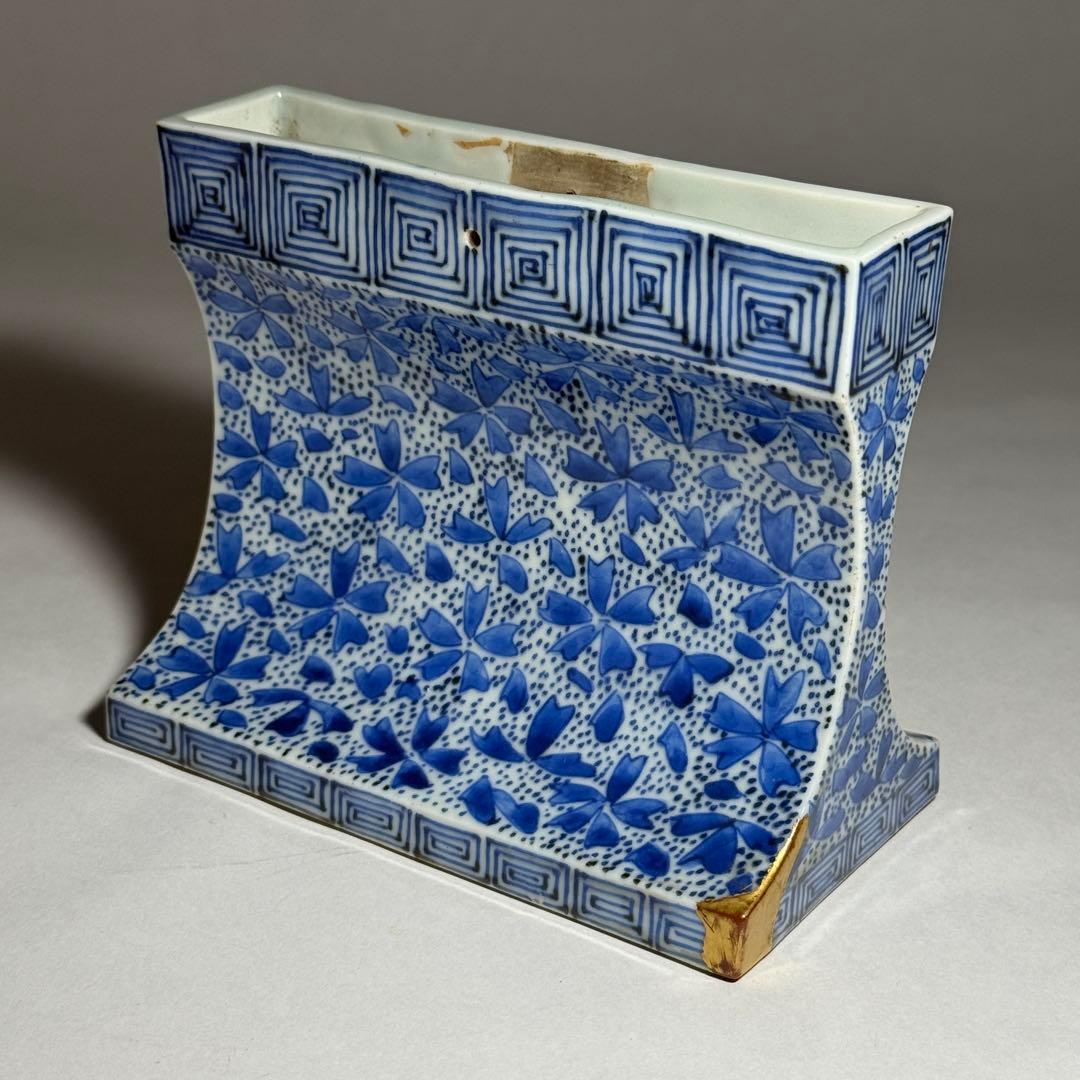 ◆希少 古伊万里染付 桜吹雪文硯屏 古い金継ぎ 書道具 文房四宝 江戸時代後期◆