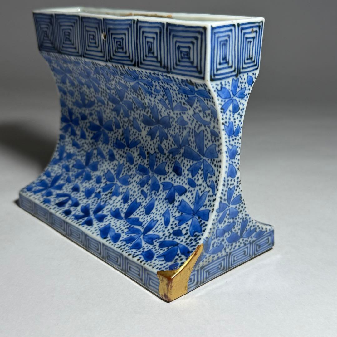 ◆希少 古伊万里染付 桜吹雪文硯屏 古い金継ぎ 書道具 文房四宝 江戸時代後期◆