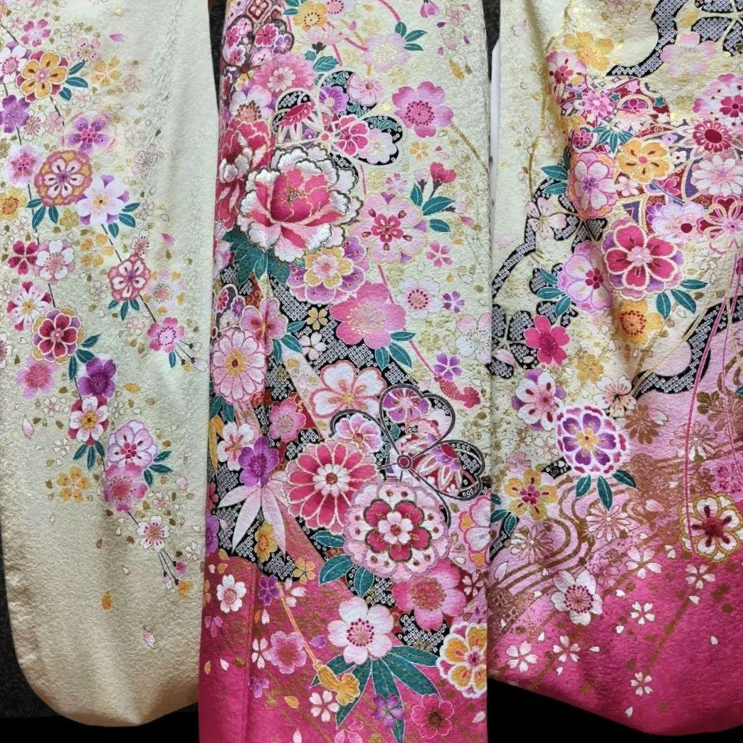 振袖フルセット(8点)・金駒刺繍・銀通し・金彩加工・鹿の子柄・正絹