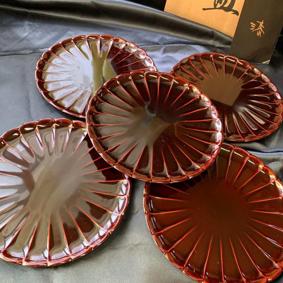 漆塗り赤　菊皿5枚セット